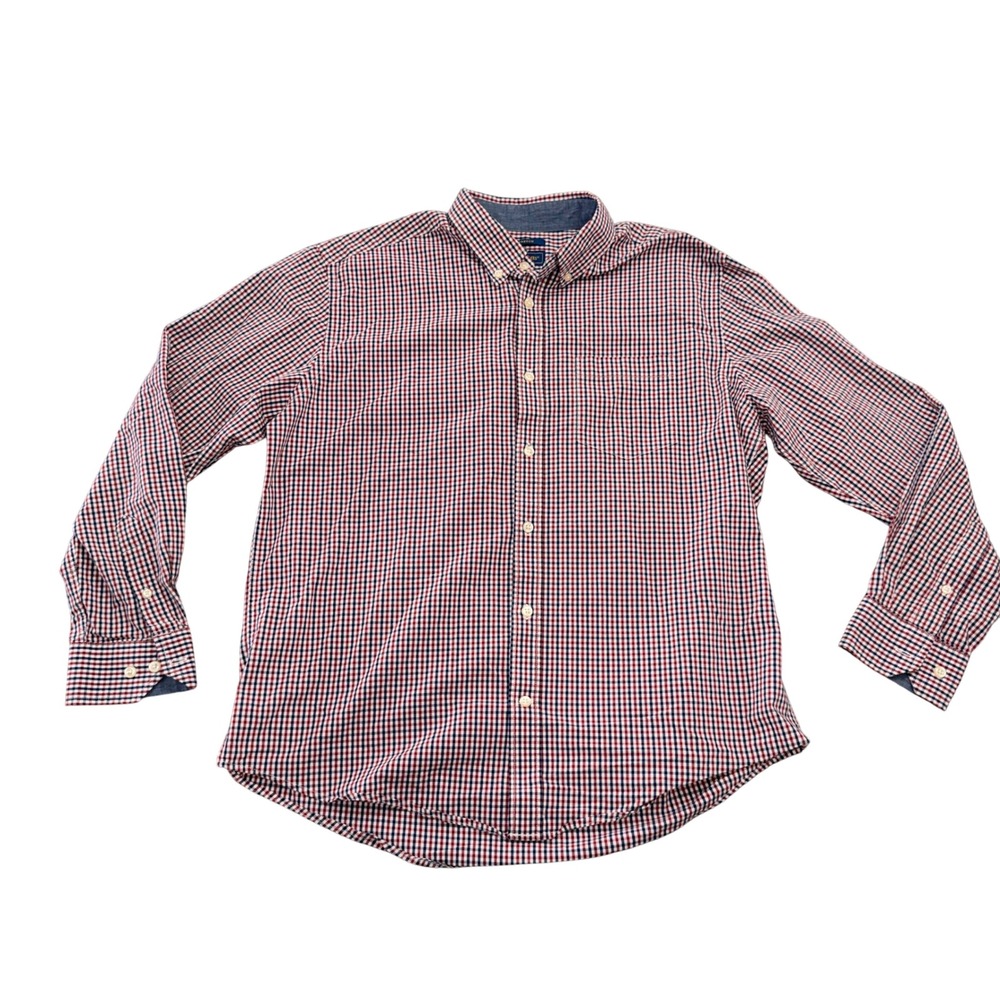 Mason James Mens Large Red Navy Gingham Stretch Button‎ Down Long Sleeve Shirt